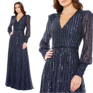 Mac Duggal size 14 Beaded Lace Longsleeve  Wrap Over Midnight Navy 93679D dress